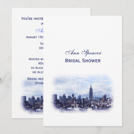 Dromerige Navy Blauwe NYC Silhouette Bruidsdouche Kaart (Voorkant / Achterkant)