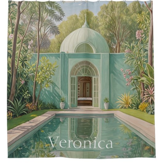 Dromerige oase: pastelkleurig zwembad douchegordijn (Voorkant)