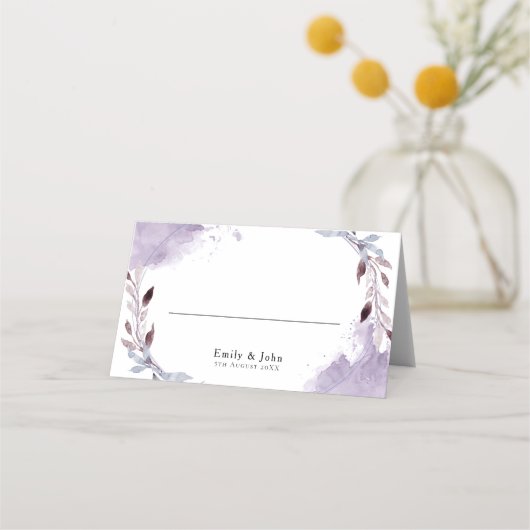 Dromerige Paarse bladeren Waterverf grens bruiloft Plaatskaartje (Voorkant)