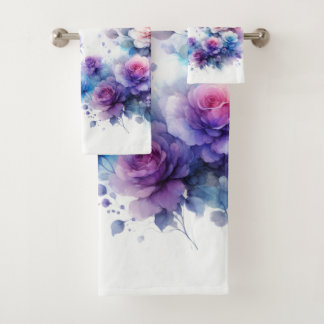 Dromerige Paarse, Blauwe, en Roze Waterverf Rozen Bad Handdoek