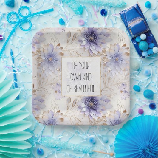 Dromerige Paarse Blauwe Mist Gouden Parel Bloemen Papieren Bordje (Feest)