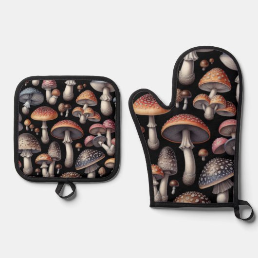 Dromerige paddenstoelen ovenwant & pannenlap set (Voorkant)