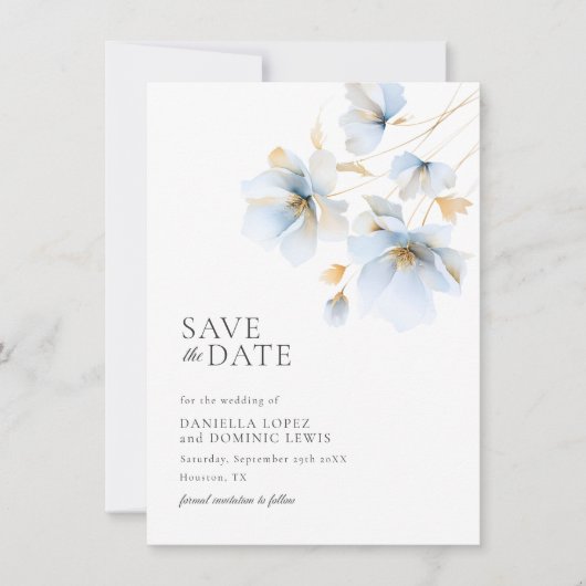 Dromerige Pastel Blauw en Goud Wild Bloemen Bruilo Save The Date (Voorkant)