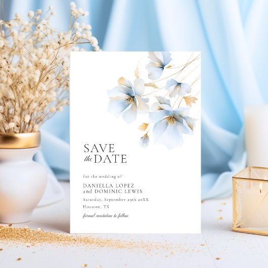 Dromerige Pastel Blauw en Goud Wild Bloemen Bruilo Save The Date