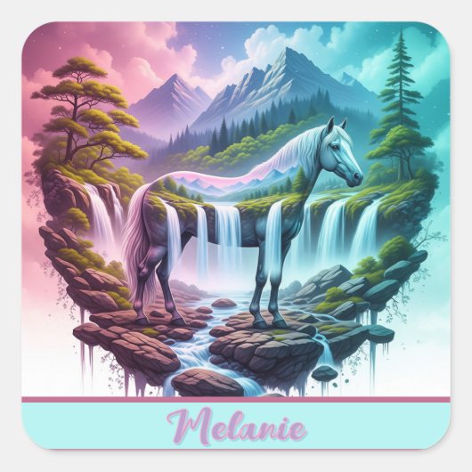Dromerige Pastel Horse Waterval Natuur Scene Vierkante Sticker (Voorkant)