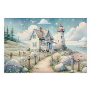 Dromerige Pastel Vuurtoren aan de Zee Perfect Poster