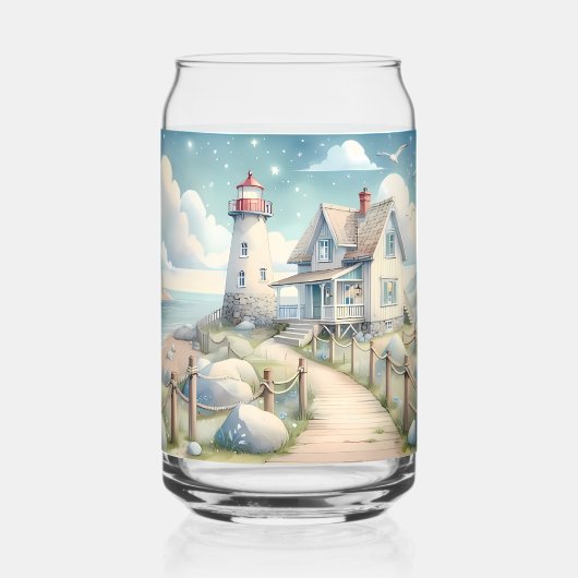 Dromerige Pastel vuurtoren bij het Zee Blikvorm Glas (Achterkant)