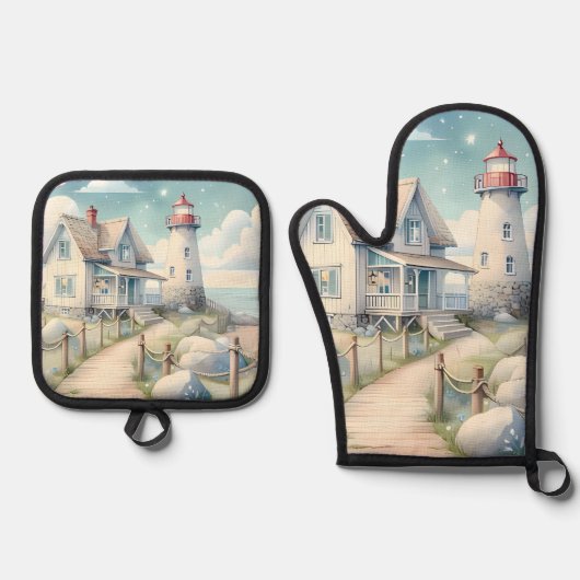 Dromerige Pastel vuurtoren bij het Zee Ovenwant & Pannenlap Set (Voorkant)