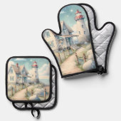 Dromerige Pastel vuurtoren bij het Zee Ovenwant & Pannenlap Set (Voorkant / Achterkant)