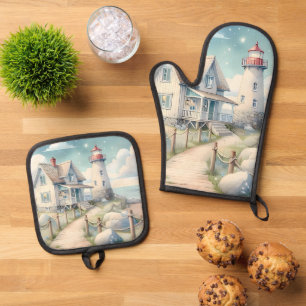Dromerige Pastel vuurtoren bij het Zee Ovenwant & Pannenlap Set