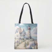 Dromerige Pastel vuurtoren bij het Zee Tote Bag (Voorkant)