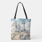 Dromerige Pastel vuurtoren bij het Zee Tote Bag (Achterkant)