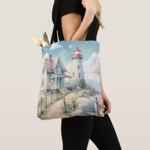 Dromerige Pastel vuurtoren bij het Zee Tote Bag