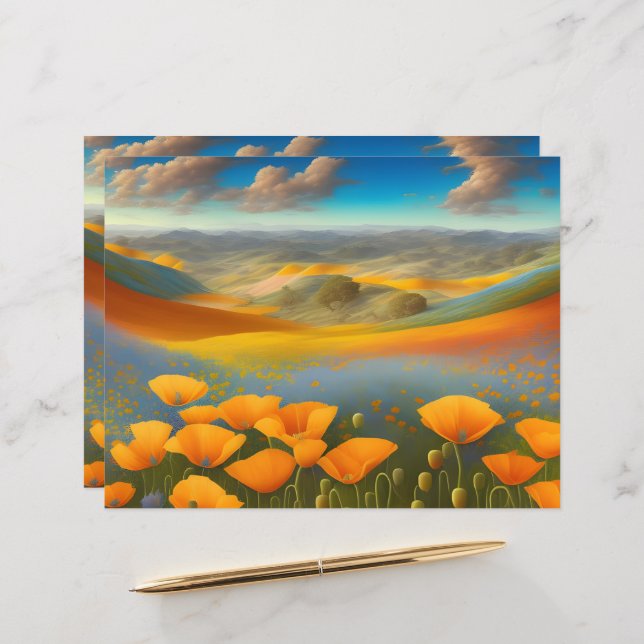 Dromerige Poppies Digitale Kunst Scrapbook Papier (Voorkant / Achterkant in situ)