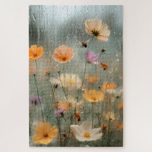 Dromerige regenachtige raam wilde bloementuin schi legpuzzel (Verticaal)