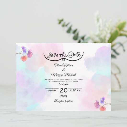 Dromerige roze & blauwe bruiloft uitnodigingen (Staand voorkant)