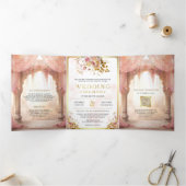 Dromerige roze bloemenindiase mandap hindoe bruilo drieluik uitnodiging (Binnen)