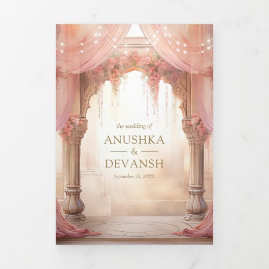Dromerige roze bloemenindiase mandap hindoe bruilo drieluik uitnodiging (Cover)