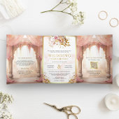 Dromerige roze bloemenindiase mandap hindoe bruilo drieluik uitnodiging