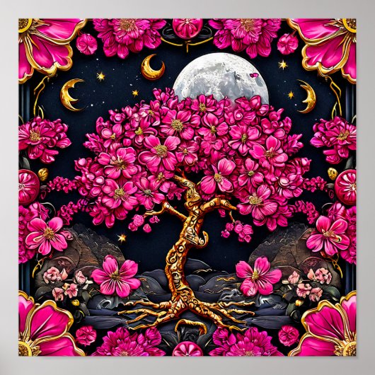 Dromerige Roze Boom en Maan Fantasievolle Fantasie Poster (Voorkant)