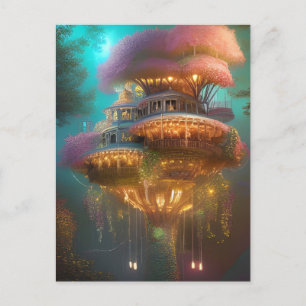 Dromerige Roze Boomhut Digitale Kunst Briefkaart