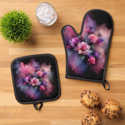 Dromerige Roze en Paarse Rozen Waterverf Ovenwant & Pannenlap Set (Top down)