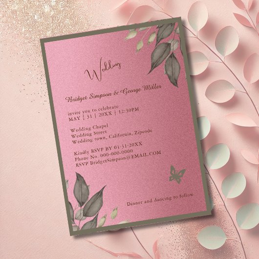 dromerige roze glitter gebladerte bruiloft kaart