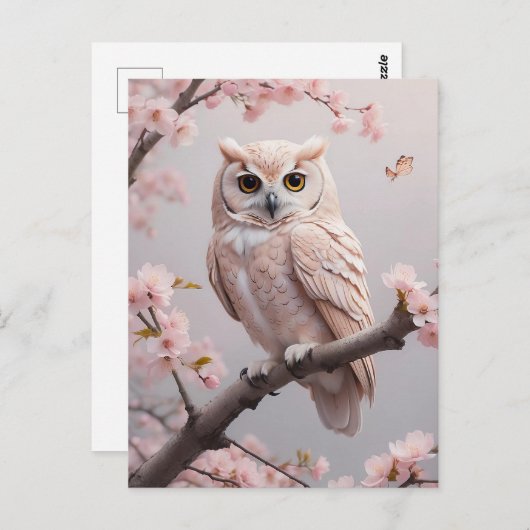 Dromerige roze kersenbloesems uil briefkaart (Voorkant / Achterkant)