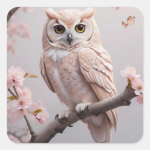Dromerige roze kersenbloesems uil vierkante sticker