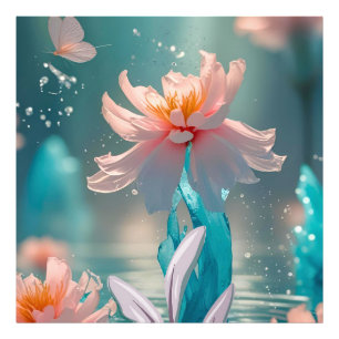 Dromerige Roze Lotus en Vlinder in Aqua Water Foto Afdruk