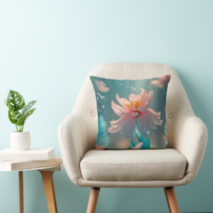 Dromerige Roze Lotus en Vlinder in Aqua Water Kussen