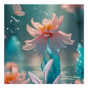 Dromerige Roze Lotus en Vlinder in Aqua Water Perfect Poster
