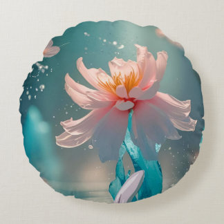 Dromerige Roze Lotus en Vlinder in Aqua Water Rond Kussen