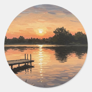 Dromerige roze meer zonsondergang steiger moment ronde sticker