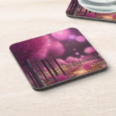 Dromerige roze nachtlandschap bier onderzetter (Linkerzijde)