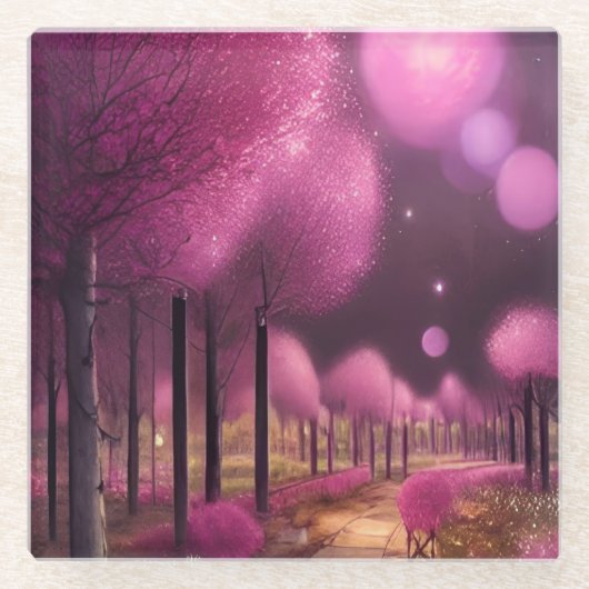 Dromerige roze nachtlandschap glazen onderzetter (Voorkant)