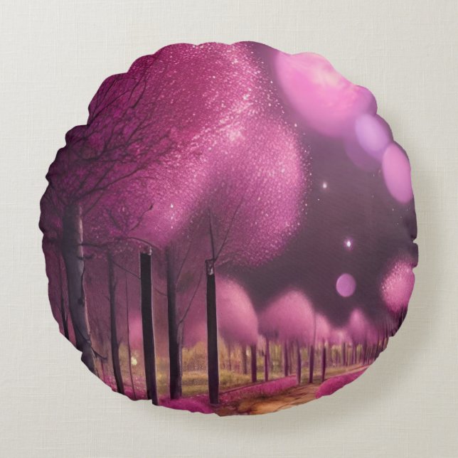 Dromerige roze nachtlandschap rond kussen (Voorkant)
