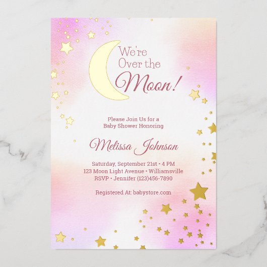 Dromerige Roze Over de Maan Meisje Baby Shower Folie Uitnodiging (Voorkant)