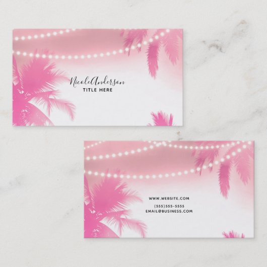 Dromerige roze palmbomen & String Lights Beachy Gl Visitekaartje (Voorkant / Achterkant)