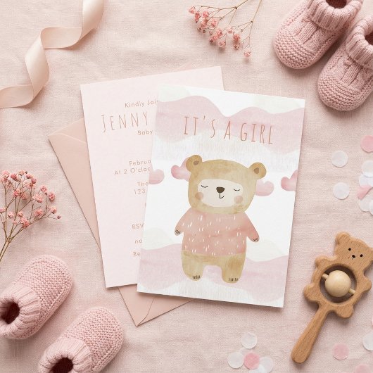 Dromerige roze teddybeer Baby shower het is een me Kaart