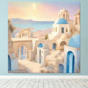 Dromerige Santorini Griekenland Aquarel - Blauwe K Canvas Afdruk