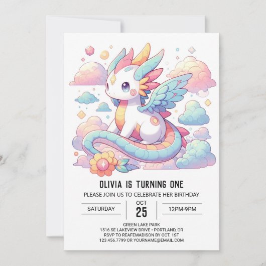 Dromerige Schattigee Dragon 1e Verjaardag Kaart (Voorkant)