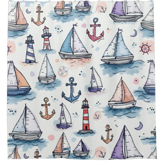 Dromerige Schetsen van Zeilboten Ankers & Vuurtore Douchegordijn (Voorkant)