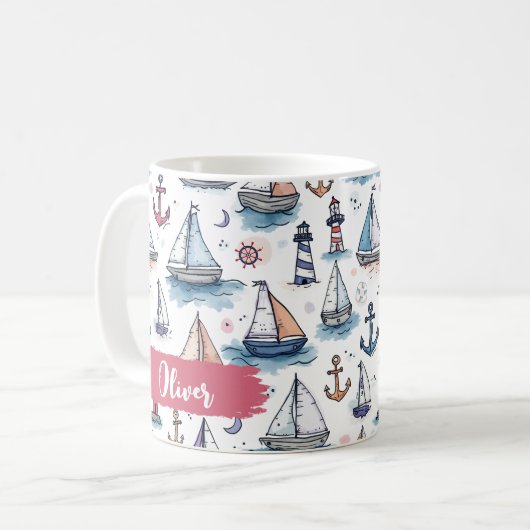 Dromerige Schetsen van Zeilboten Ankers & Vuurtore Koffiemok (Voorkant links)