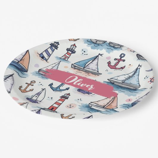 Dromerige Schetsen van Zeilboten Ankers & Vuurtore Papieren Bordje (Gekanteld)