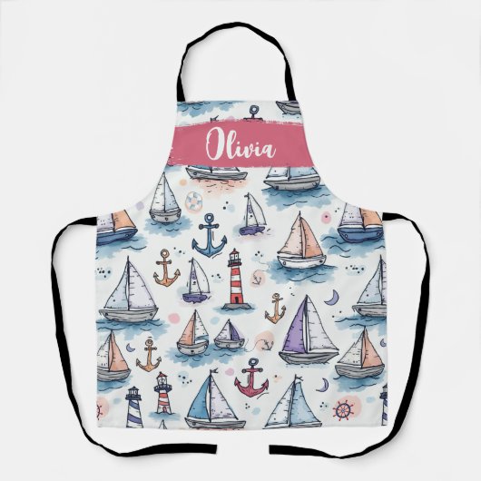 Dromerige Schetsen van Zeilboten Ankers & Vuurtore Schort (Voorkant)
