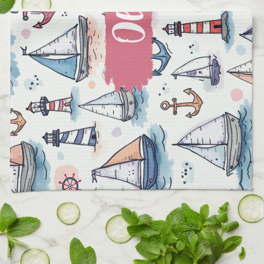 Dromerige Schetsen van Zeilboten Ankers & Vuurtore Theedoek (Gevouwen)