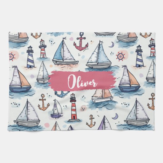 Dromerige Schetsen van Zeilboten Ankers & Vuurtore Theedoek (Horizontaal)