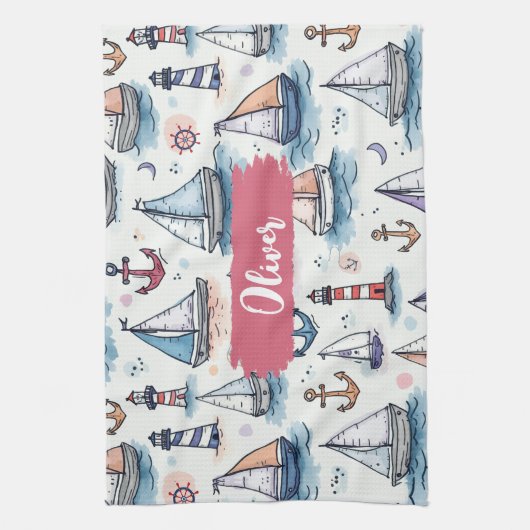 Dromerige Schetsen van Zeilboten Ankers & Vuurtore Theedoek (Verticaal)