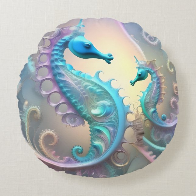 Dromerige Seahorses Pastel Fractal Art, Rond Kussen (Voorkant)